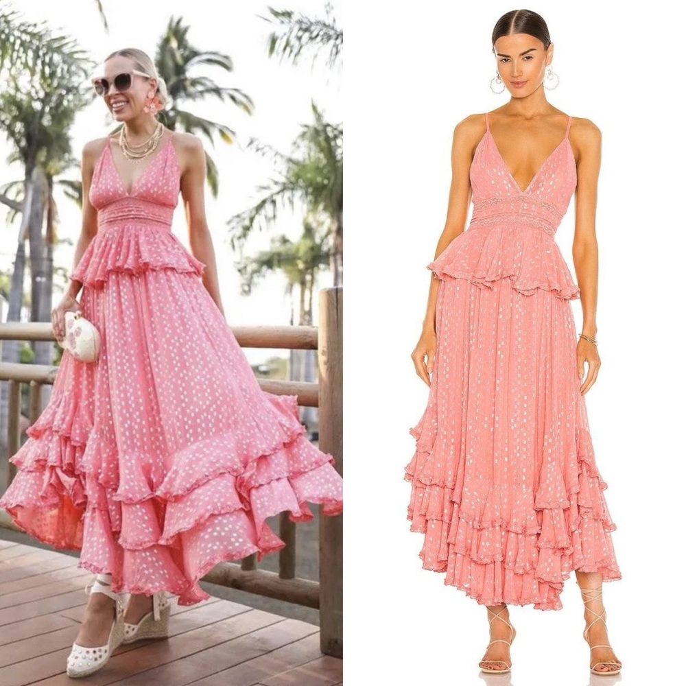 NWT Rococo Sand Aria Ruffle Metallic Maxi Dress Peach - Picture 2 of 10
